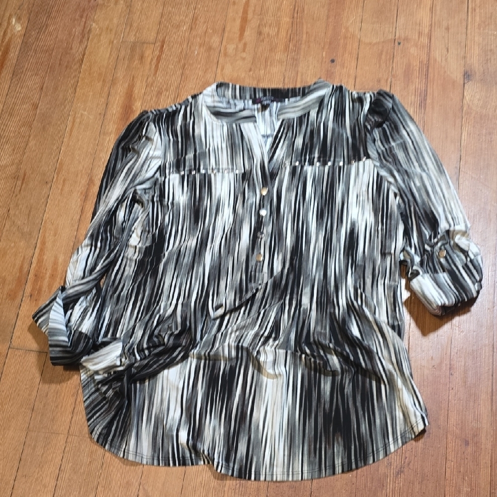 Cocomo Black and White Graphic Blouse with Mandarin Collar
